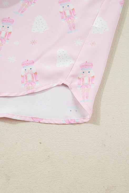 Nutcracker Print Bow Tie Front Long Sleeve Pajama Set