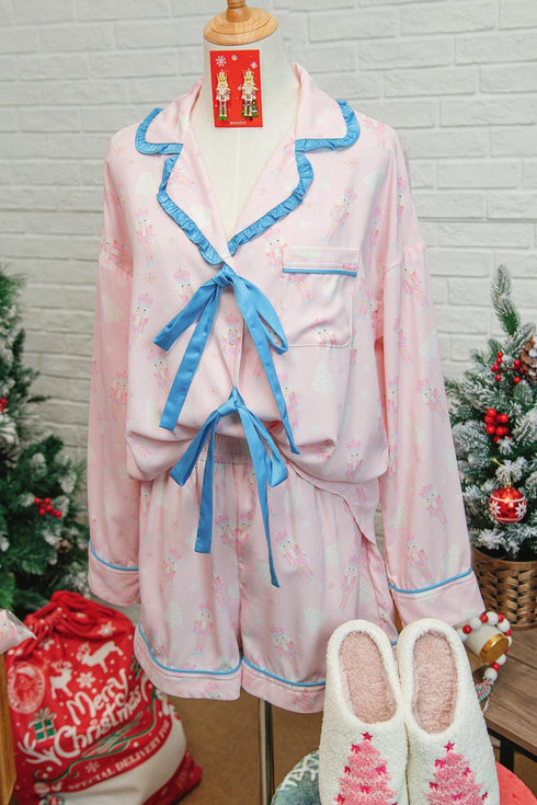 Nutcracker Print Bow Tie Front Long Sleeve Pajama Set