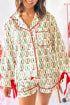 Nutcracker Print Contrast Piping Bow Cuff Silky Pajama Set