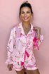 Nutcracker Print Contrast Piping Bow Cuff Silky Pajama Set
