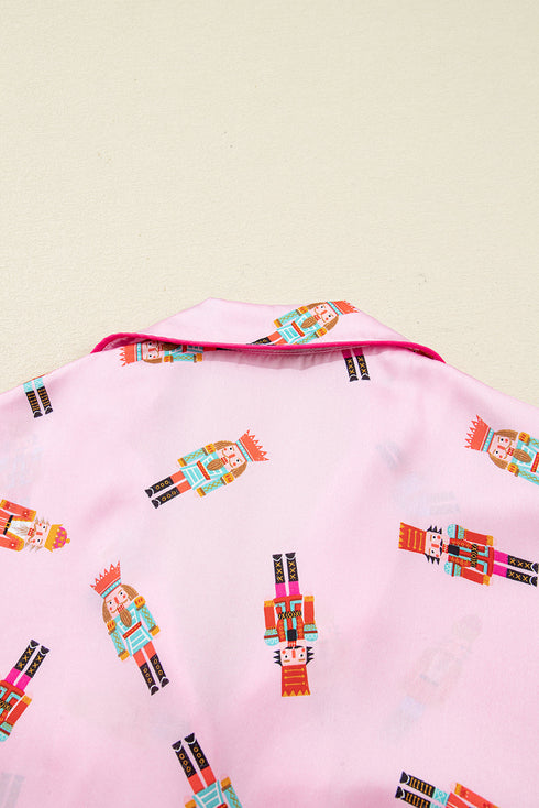 Nutcracker Print Contrast Piping Bow Cuff Silky Pajama Set