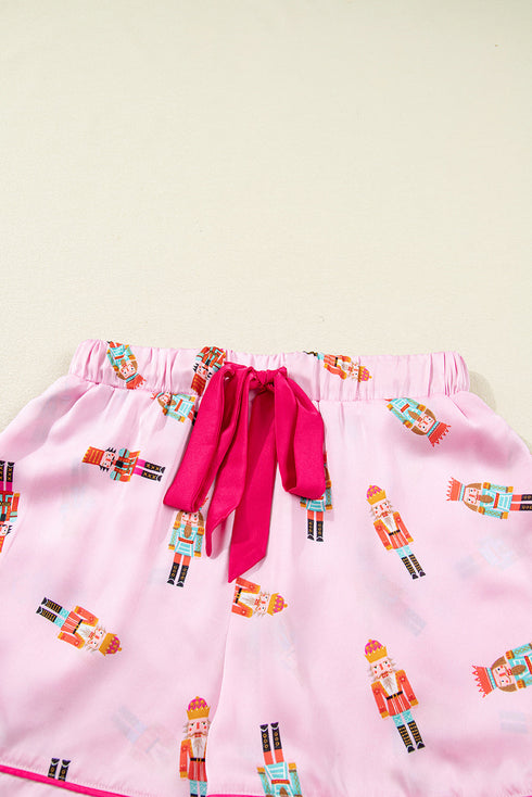 Nutcracker Print Contrast Piping Bow Cuff Silky Pajama Set