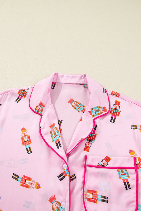 Nutcracker Print Contrast Piping Bow Cuff Silky Pajama Set