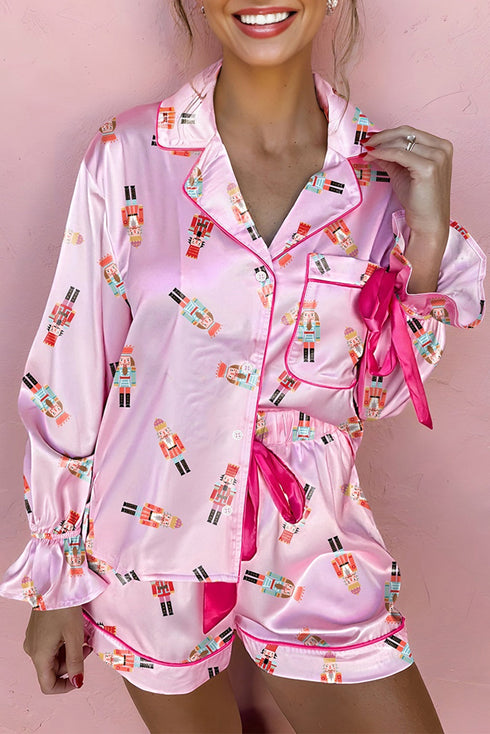 Nutcracker Print Contrast Piping Bow Cuff Silky Pajama Set