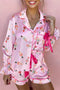 Nutcracker Print Contrast Piping Bow Cuff Silky Pajama Set