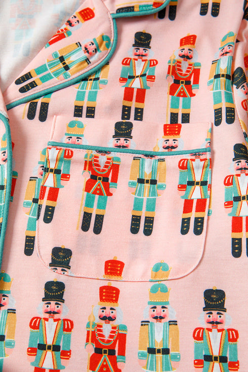 Nutcracker Print Notched Collar Button Front Contrast Piping Long Sleeve Pajama Short Set