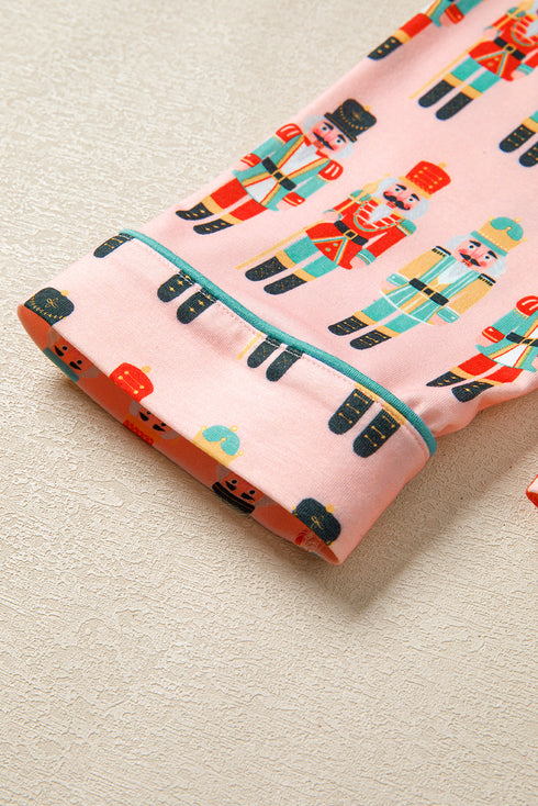 Nutcracker Print Notched Collar Button Front Contrast Piping Long Sleeve Pajama Short Set