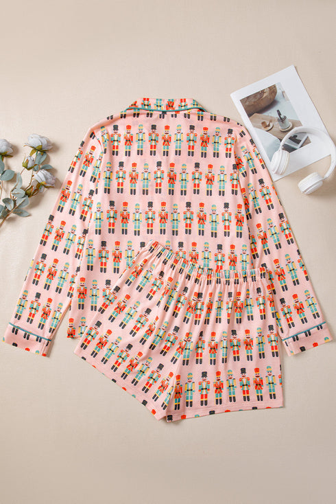 Nutcracker Print Notched Collar Button Front Contrast Piping Long Sleeve Pajama Short Set