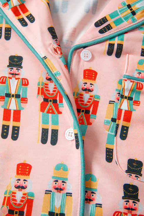 Nutcracker Print Notched Collar Button Front Contrast Piping Long Sleeve Pajama Short Set