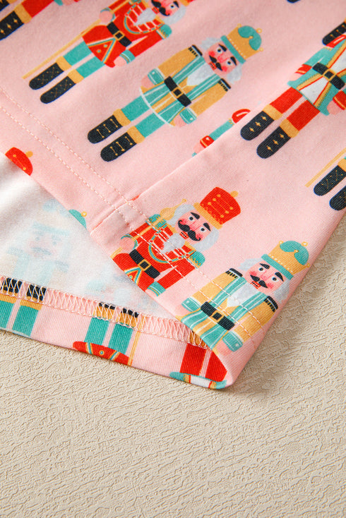 Nutcracker Print Notched Collar Button Front Contrast Piping Long Sleeve Pajama Short Set