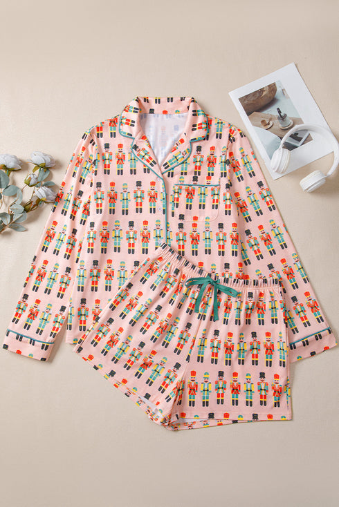 Nutcracker Print Notched Collar Button Front Contrast Piping Long Sleeve Pajama Short Set