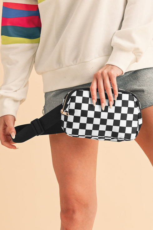 Nylon Checkered Print Buckle Detail Wide Strap Crossbody Bag