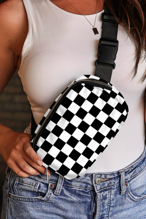 Nylon Checkered Print Buckle Detail Wide Strap Crossbody Bag