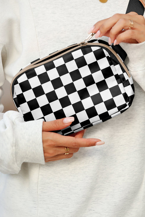 Nylon Checkered Print Buckle Detail Wide Strap Crossbody Bag