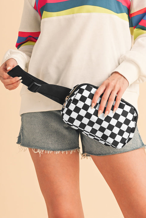 Nylon Checkered Print Buckle Detail Wide Strap Crossbody Bag