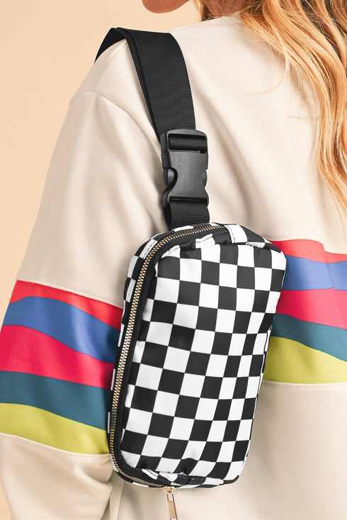 Nylon Checkered Print Buckle Detail Wide Strap Crossbody Bag