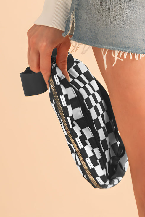 Nylon Checkered Print Buckle Detail Wide Strap Crossbody Bag