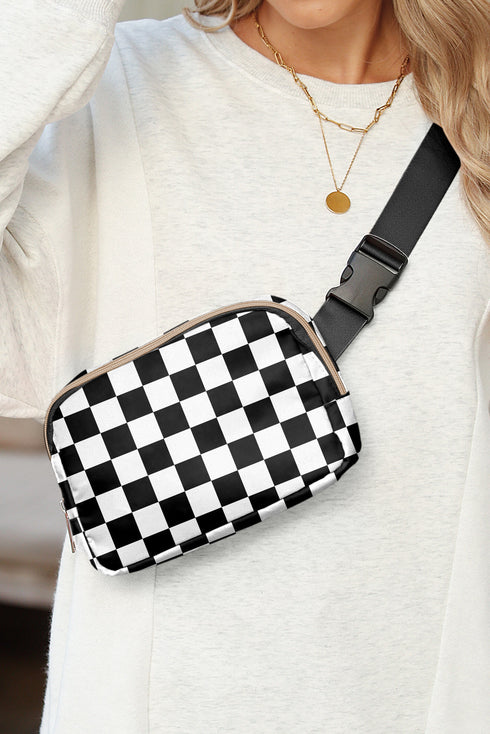 Nylon Checkered Print Buckle Detail Wide Strap Crossbody Bag