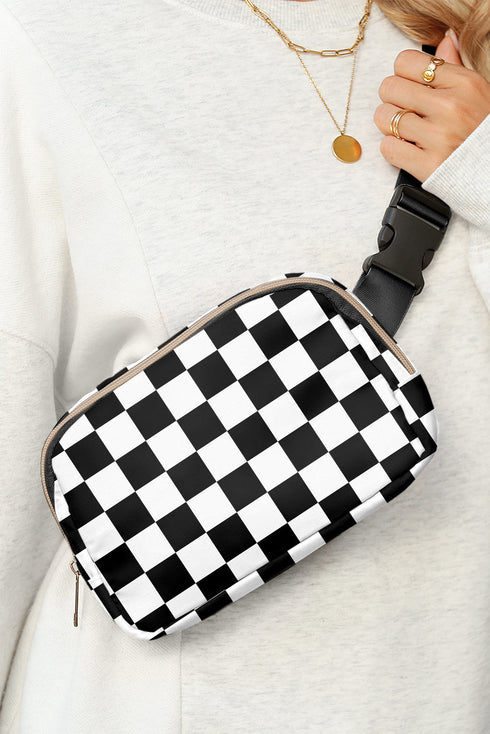 Nylon Checkered Print Buckle Detail Wide Strap Crossbody Bag