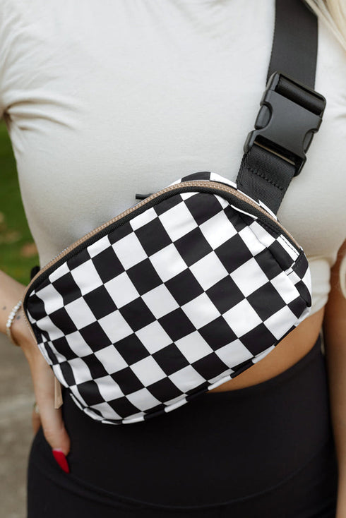 Nylon Checkered Print Buckle Detail Wide Strap Crossbody Bag