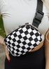 Nylon Checkered Print Buckle Detail Wide Strap Crossbody Bag