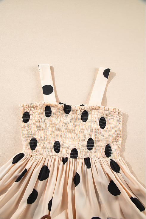 Oatmeal Polka Dot Smocked Fit Fla Sleeveless Long Dress