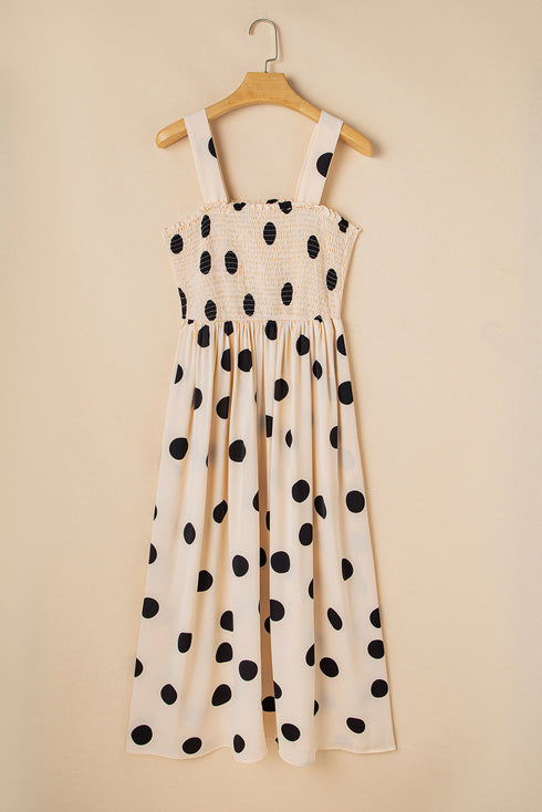 Oatmeal Polka Dot Smocked Fit Fla Sleeveless Long Dress