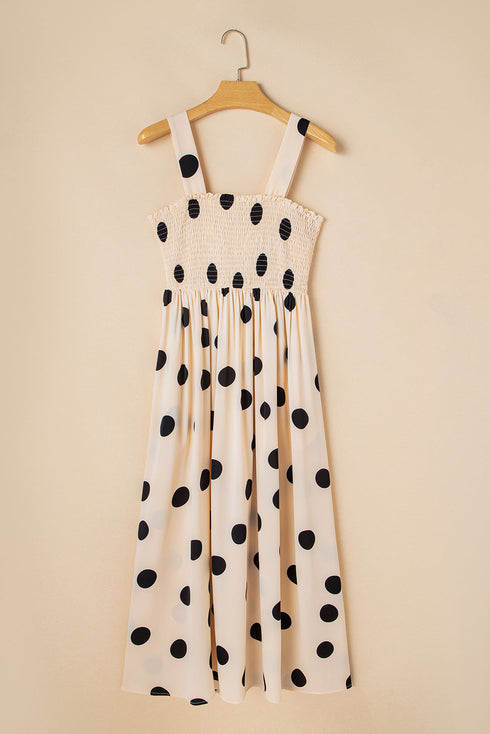 Oatmeal Polka Dot Smocked Fit Fla Sleeveless Long Dress