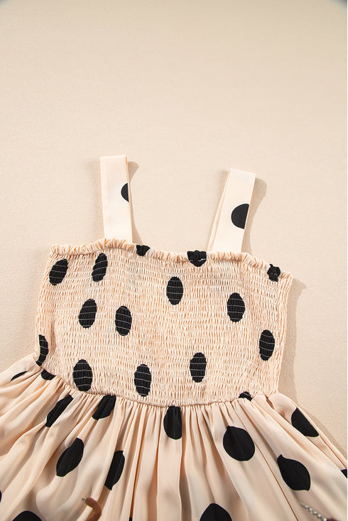 Oatmeal Polka Dot Smocked Fit Fla Sleeveless Long Dress