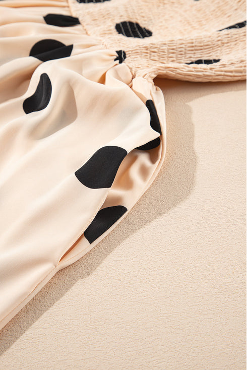 Oatmeal Polka Dot Smocked Fit Fla Sleeveless Long Dress