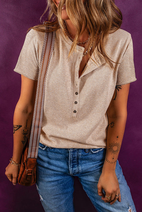 Oatmeal Short Sleeve Half Button Ribbed Knit Top