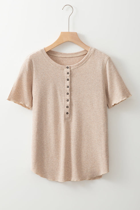 Oatmeal Short Sleeve Half Button Ribbed Knit Top