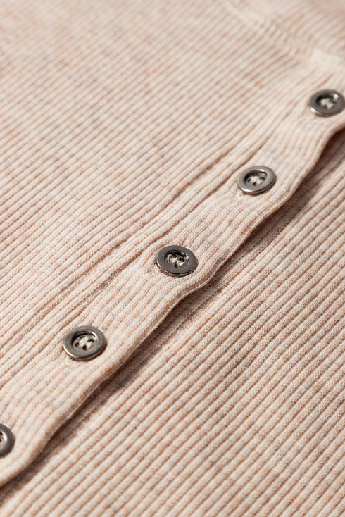 Oatmeal Short Sleeve Half Button Ribbed Knit Top