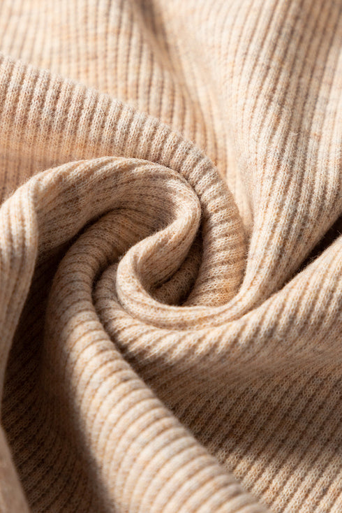 Oatmeal Short Sleeve Half Button Ribbed Knit Top