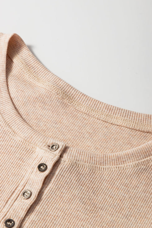 Oatmeal Short Sleeve Half Button Ribbed Knit Top
