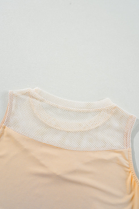 Oatmeal Solid Mesh Patchwork Crew Neck Tank Top