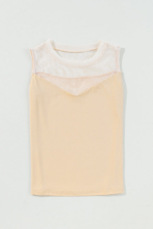 Oatmeal Solid Mesh Patchwork Crew Neck Tank Top