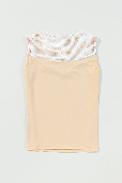 Oatmeal Solid Mesh Patchwork Crew Neck Tank Top