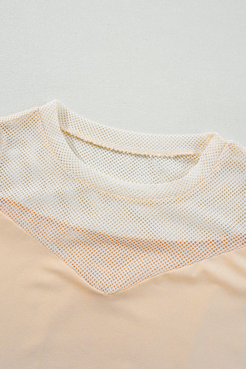 Oatmeal Solid Mesh Patchwork Crew Neck Tank Top