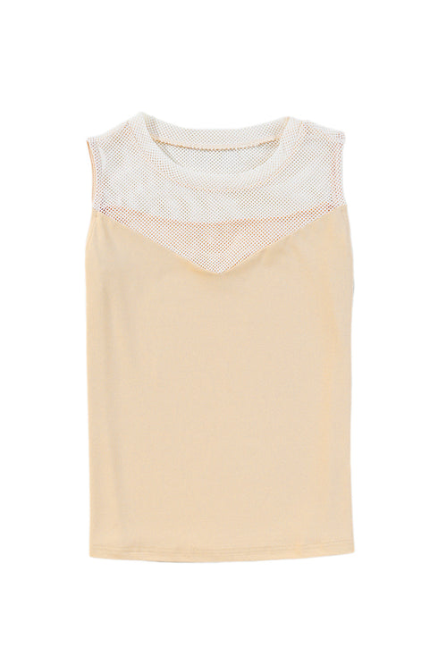 Oatmeal Solid Mesh Patchwork Crew Neck Tank Top