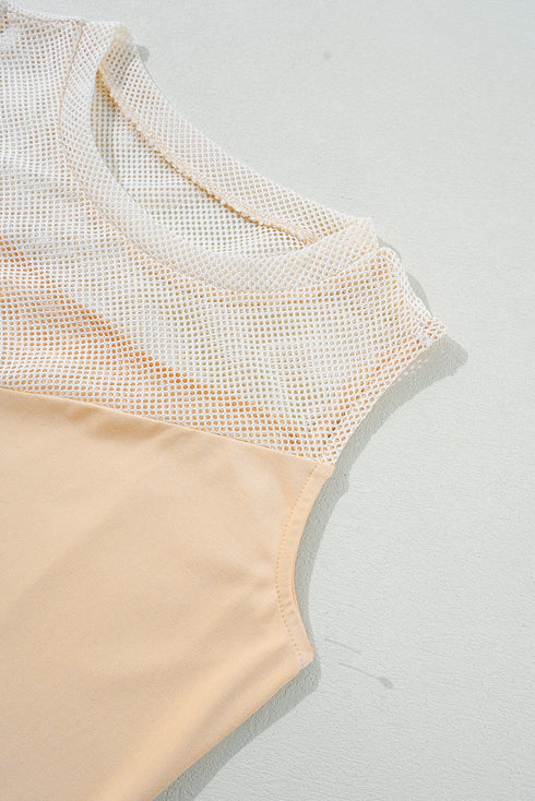 Oatmeal Solid Mesh Patchwork Crew Neck Tank Top