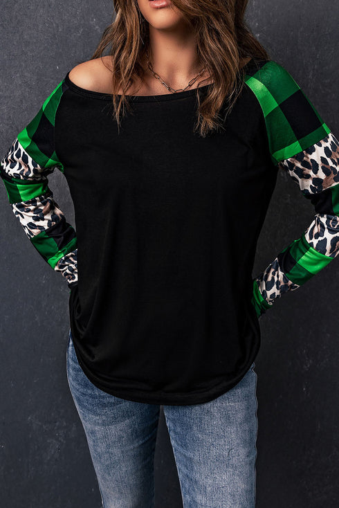 Off Shoulder Plaid&Leopard Print Long Sleeve Top