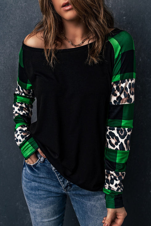 Off Shoulder Plaid&Leopard Print Long Sleeve Top