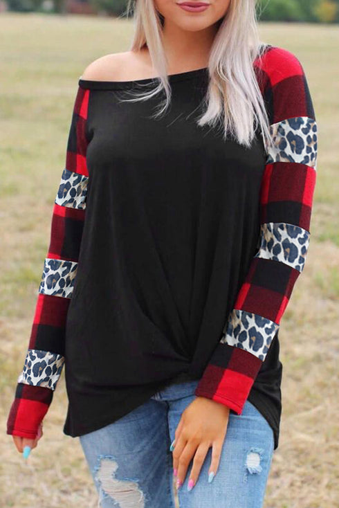 Off Shoulder Plaid&Leopard Print Long Sleeve Top