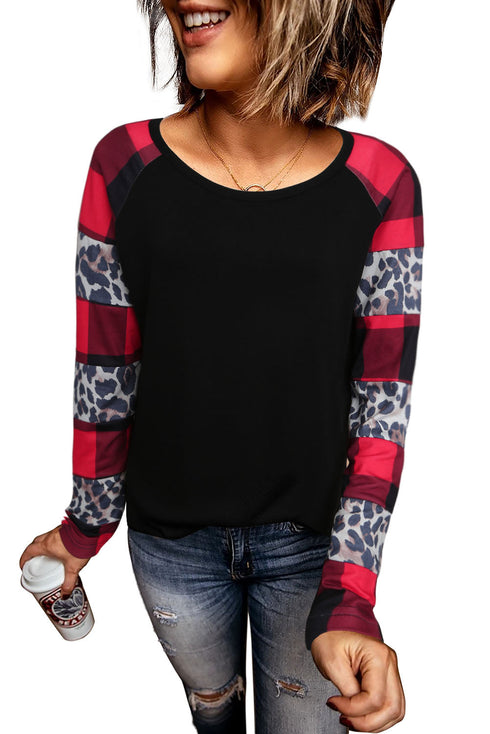 Off Shoulder Plaid&Leopard Print Long Sleeve Top