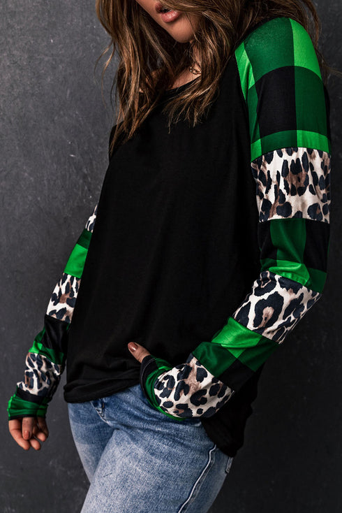 Off Shoulder Plaid&Leopard Print Long Sleeve Top