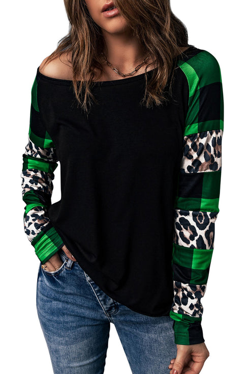 Off Shoulder Plaid&Leopard Print Long Sleeve Top