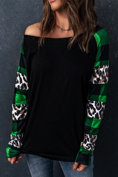 Off Shoulder Plaid&Leopard Print Long Sleeve Top