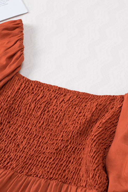 Off Shoulder Shirred Bodice Ruffled Sleeve Dress