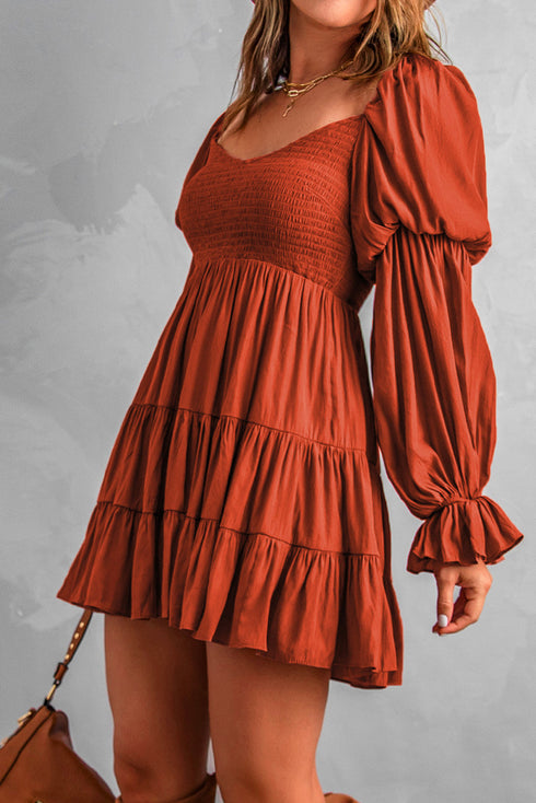 Off Shoulder Shirred Bodice Ruffled Sleeve Dress